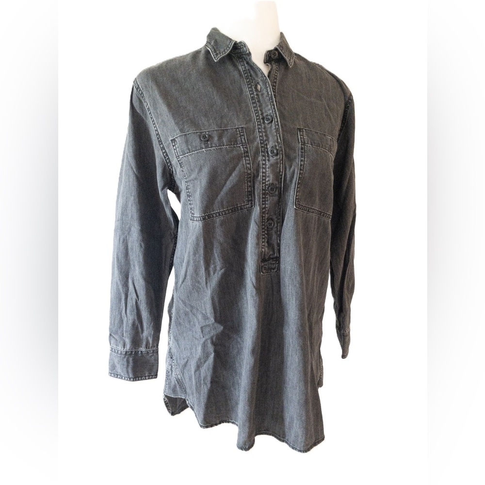 Madewell Popover Denim Shirt Black SZ XS Front Pocket Top Long Sleeve